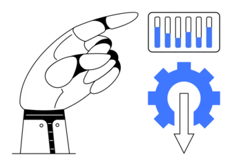 Fotobehang Robotic hand gestures toward a data chart and gear with downward arrow emphasizing automation and efficiency. Ideal for technology, robotics, innovation, analysis, engineering, workflow, simple © robu_s
