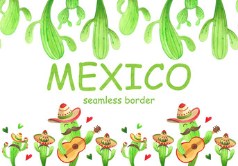 Watercolor seamless border with cute cartoon cacti with guitar and maracas. Hand painted green plants in sombrero for children's illustration and design.
