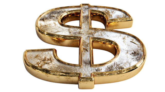 A shimmering dollar sign with golden edges and silver interior on a black background in a close up view on transparent background