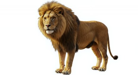 Obraz premium Majestic Lion Standing Proudly With Brown Mane Isolated by White Screen For Decoration and Illustration