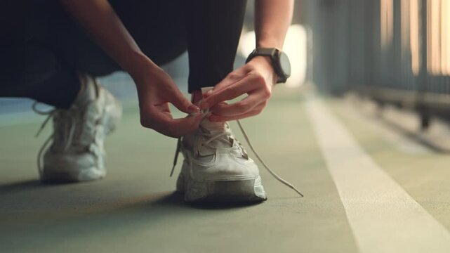 Close up - Running shoes runner woman tying laces sneakers for summer run in the city morning. Jogging girl exercise motivation health and fitness exercise, lifestyle