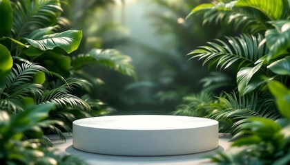 A modern podium for product design against the backdrop of a tropical forest