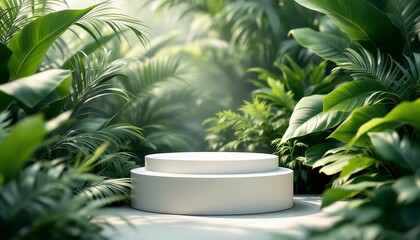 A modern podium for product design against the backdrop of a tropical forest