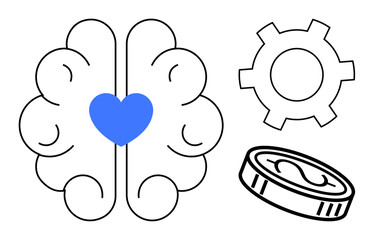 Brain with blue heart, gear, and coin symbolizing balance between emotions, innovation, and wealth. Ideal for innovation, AI, business, mental health finance ethics simple landing page