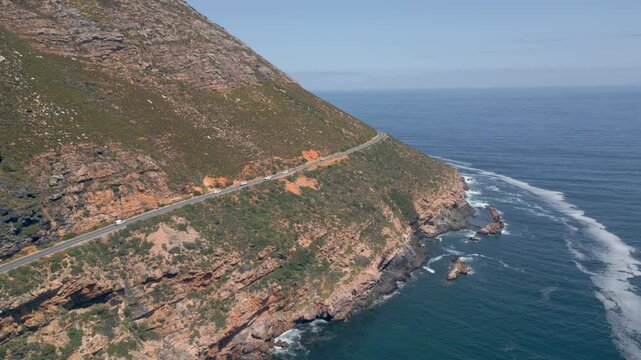 Clarins coastal drive, Western Cape of South Africa. Drone flying along the coast line