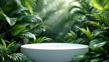 A modern podium for product design against the backdrop of a tropical forest