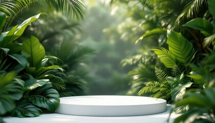 A modern podium for product design against the backdrop of a tropical forest
