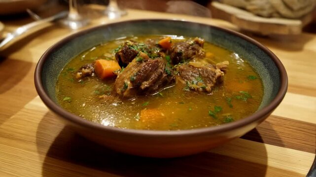 Close-up bowl of hearty oxtail soup with carrots, garnished with fresh parsley, sitting on a wooden table ready to be enjoyed.