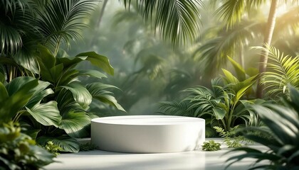 A modern podium for product design against the backdrop of a tropical forest