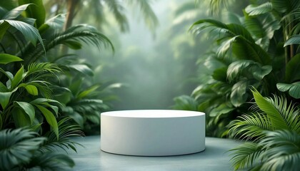A modern podium for product design against the backdrop of a tropical forest