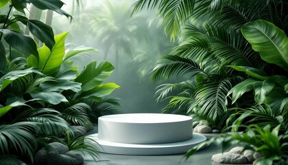 A modern podium for product design against the backdrop of a tropical forest