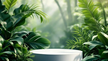 A modern podium for product design against the backdrop of a tropical forest