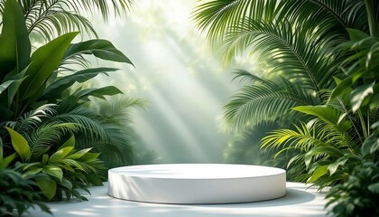 A modern podium for product design against the backdrop of a tropical forest