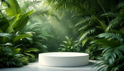 A modern podium for product design against the backdrop of a tropical forest