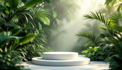 A modern podium for product design against the backdrop of a tropical forest