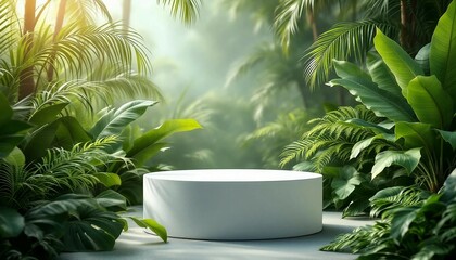A modern podium for product design against the backdrop of a tropical forest