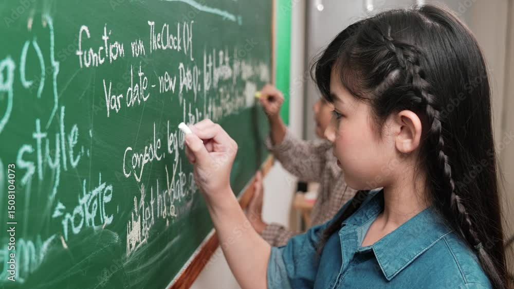 Poster skilled asian girl writing engineering prompt and programing system while standing blackboard with g