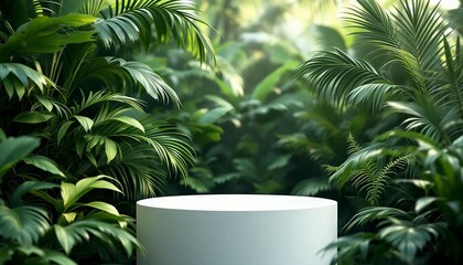 A modern podium for product design against the backdrop of a tropical forest