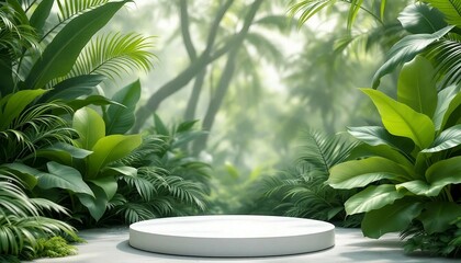 A modern podium for product design against the backdrop of a tropical forest