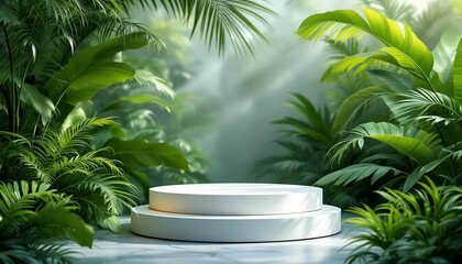 A modern podium for product design against the backdrop of a tropical forest