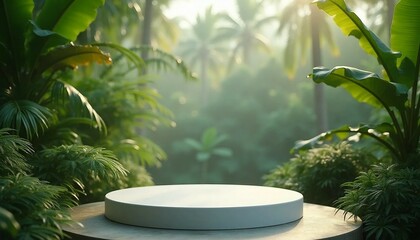 A modern podium for product design against the backdrop of a tropical forest