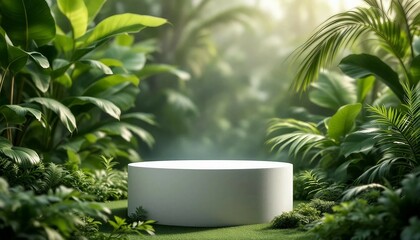 A modern podium for product design against the backdrop of a tropical forest