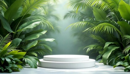 A modern podium for product design against the backdrop of a tropical forest