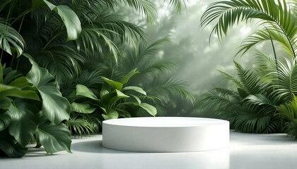 A modern podium for product design against the backdrop of a tropical forest