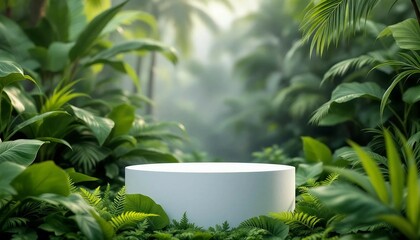A modern podium for product design against the backdrop of a tropical forest