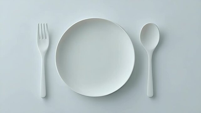Empty white plate with fork and spoon on white table background