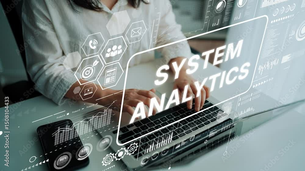 Poster professional woman engaging in system analytics with digital interface, data visualization, and tech