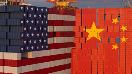 Stacks of Containers in the seaport stacked in the shape of the US flag and opposite in the shape...