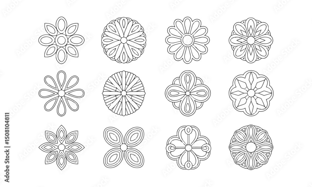 Poster a set of modern vector-style mandala or floral geometric patterns, easily scalable and editable.
