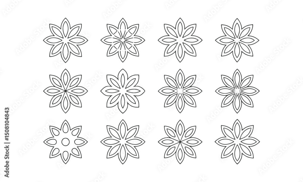 Poster a set of modern vector-style mandala or floral geometric patterns, easily scalable and editable.