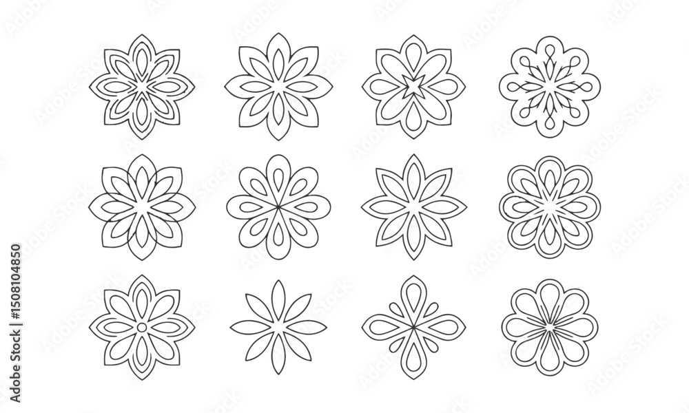 Poster a set of modern vector-style mandala or floral geometric patterns, easily scalable and editable.