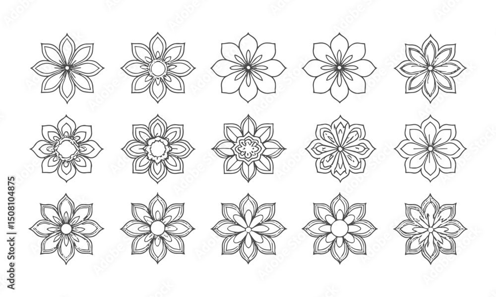 Poster a set of modern vector-style mandala or floral geometric patterns, easily scalable and editable.