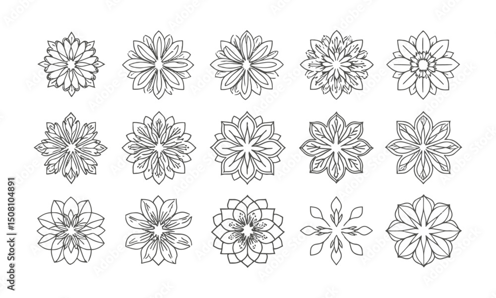 Poster a set of modern vector-style mandala or floral geometric patterns, easily scalable and editable.