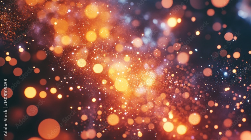 Poster abstract glowing background with bokeh lights and sparkles in warm orange tones