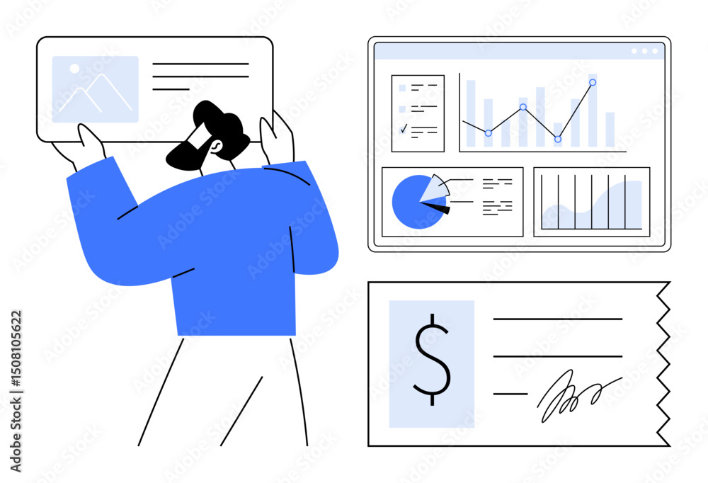 Poster person analyzing data on a dashboard with charts, graphs, and financial document. ideal for data ana