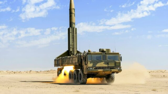 Military missile launch sequence in desert: vehicle preparation and takeoff