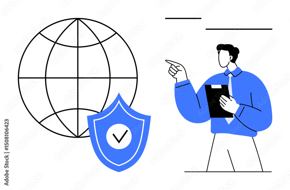 Poster man holding clipboard, pointing toward globe and security shield with checkmark. ideal for cybersecu