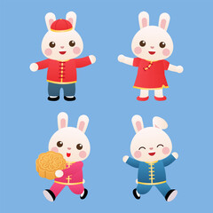 Set of playful, cute and funny rabbit mascots celebrating mid autumn festival