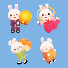 Set of cute bunny with lantern and moon cake celebrating Mid Autumn festival