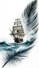 Artistic ship sailing through waves with a large feather in the foreground