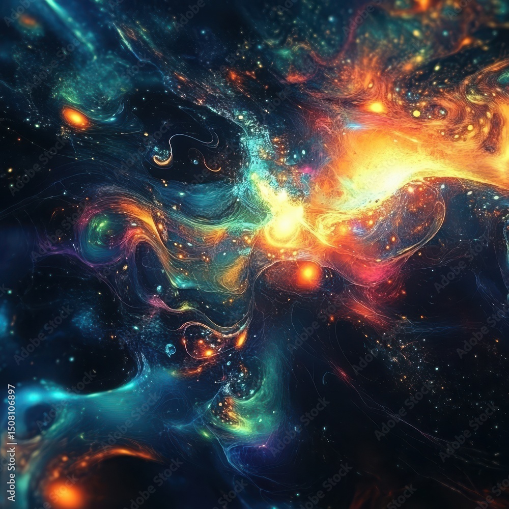 Poster abstract cosmic nebula with swirling colors and light particles in deep space