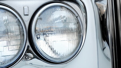 Retro Classic Car Headlights Close Up Chrome Detail Black And White Tone Horizontal View