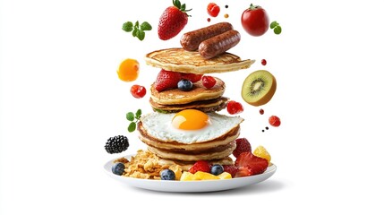 Obraz premium A levitating stack of pancakes, topped with a fried egg, sausages, and various fruits and berries, surrounded by more fruit, herbs and spices on a white plate against a white background