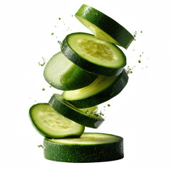 Fresh cucumber slices floating in mid-air, showcasing vibrant green color and texture.
