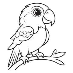 Fototapeta premium Cute cartoon parrot perched on a branch in a simple, black and white illustration. Friendly parrot with child-friendly style for coloring book or educational use.