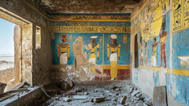 Ancient egyptian ruins reveal colorful wall art inside abandoned desert tomb